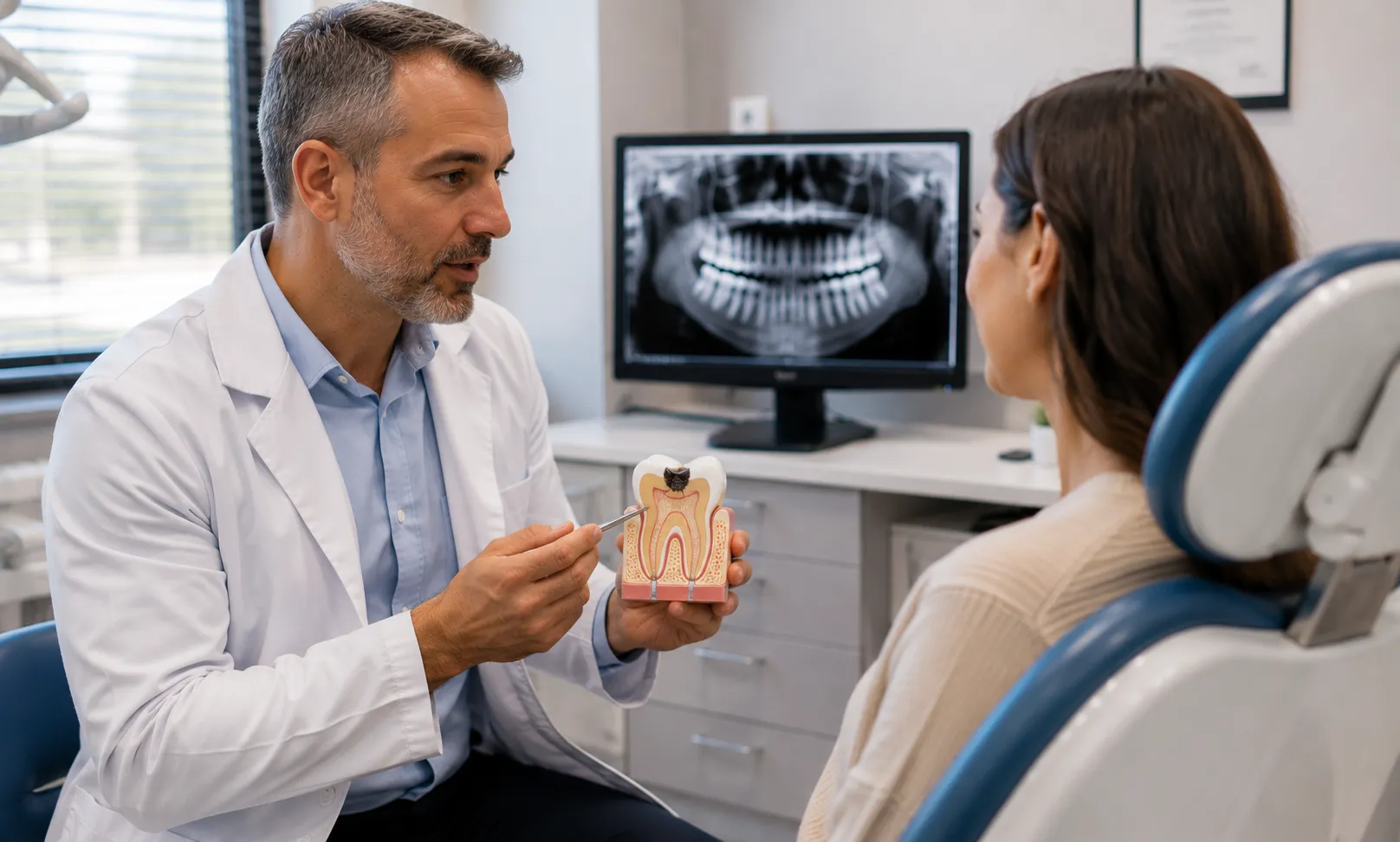 Dentist explaining tooth decay and cavity stages during a dental consultation