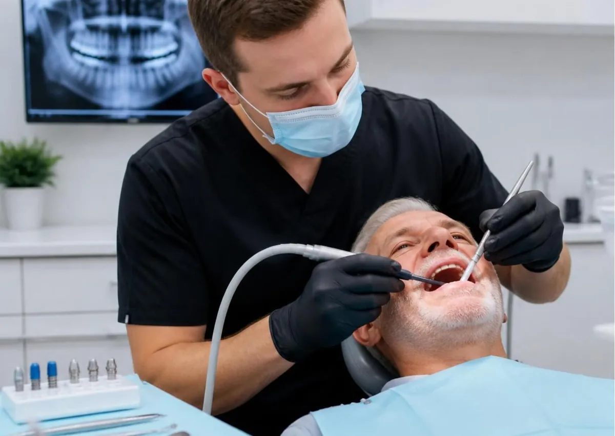 Dentist cleaning a patient’s teeth to help maintain healthy gums around dental implants.