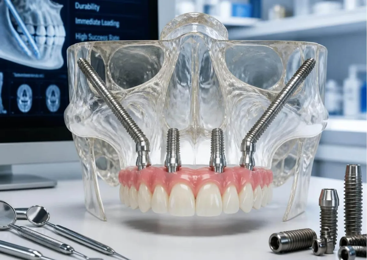 Zygomatic dental implant model showing long implants anchored in the cheekbone to support an upper arch restoration.