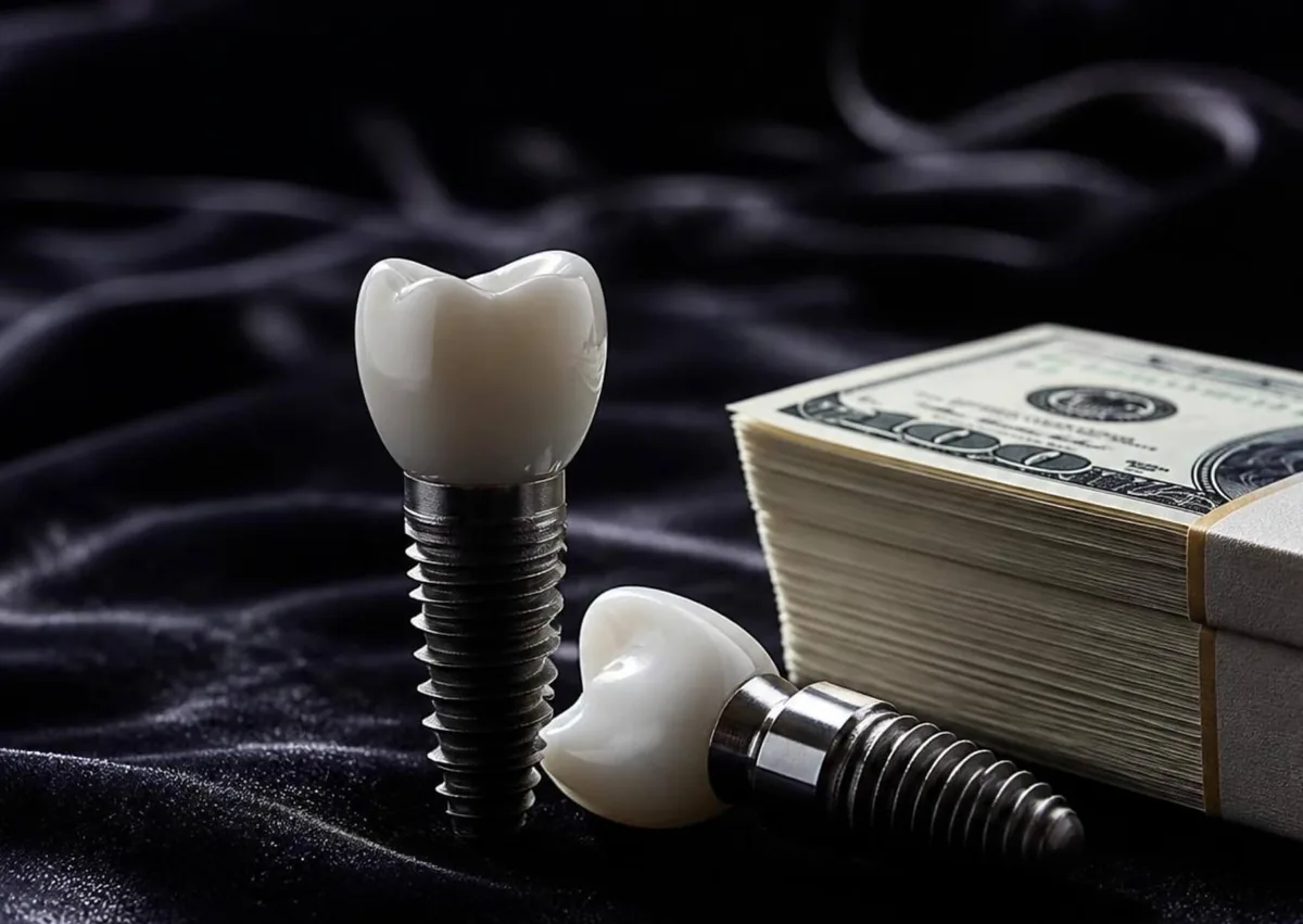 Dental implants beside money representing the cost and affordability of dental implant treatment.